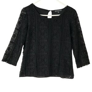 Adrianna Papell Black Lace Blouse Small Scoop 3/4 Sleeve Button Keyhole Back